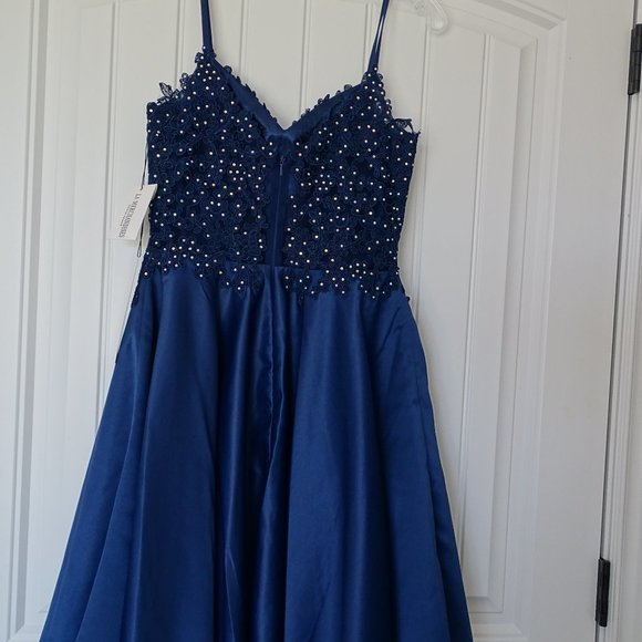 Short Formal Dress - Navy Lace Jeweled - Picture 2 of 4
